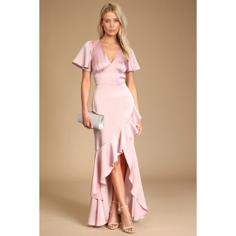 Lulus Eternal Bond Blush Satin Ruffled Flutter Sleeve Maxi Dress Pink - Size M